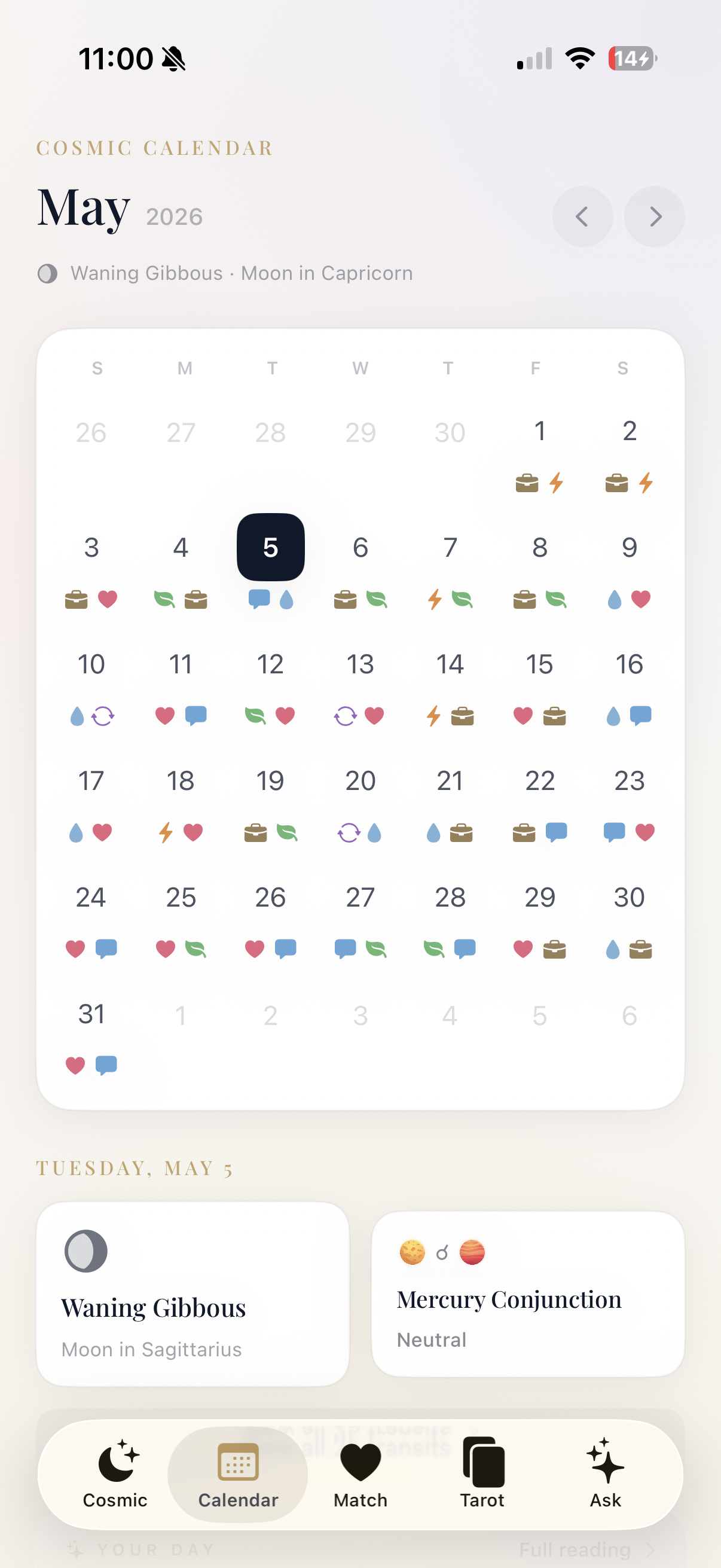 Stellum cosmic calendar — month view